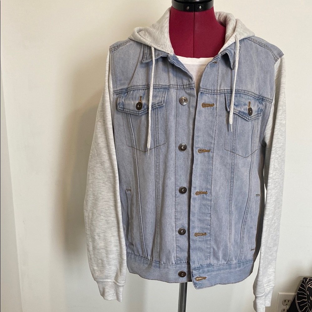 Denim Hooded Jacket with Gray Sleeves